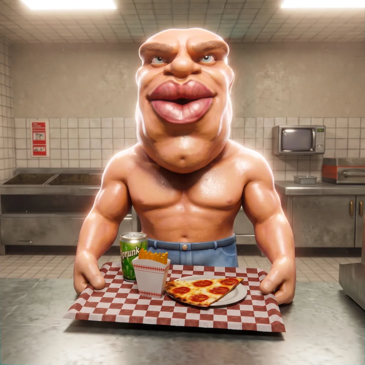 Standing behind a pizza meal in a restaurant kitchen
