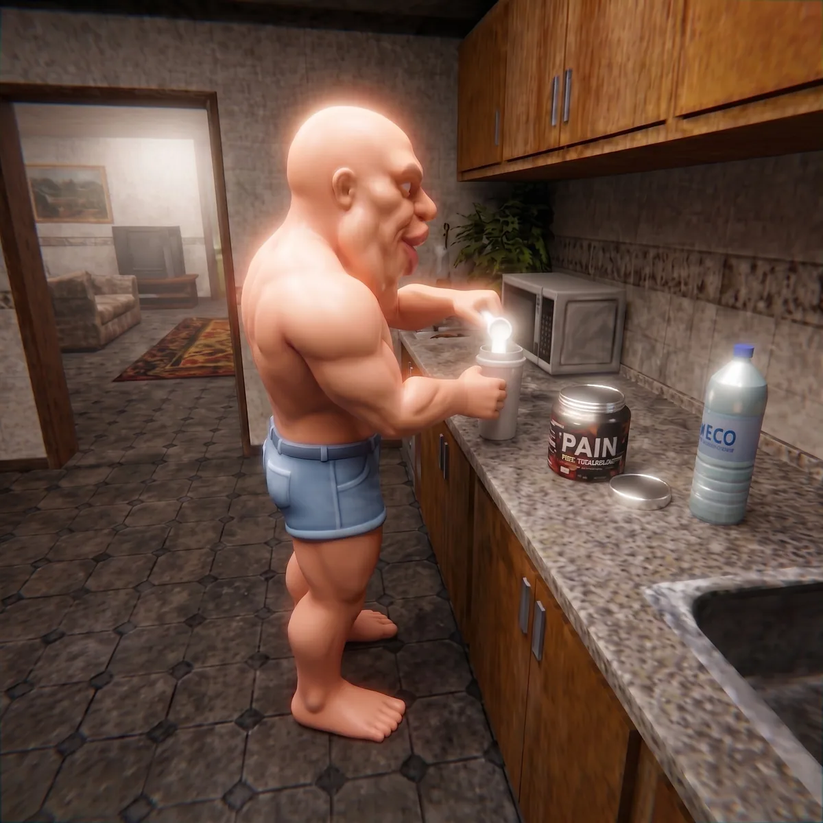 Mixing a protein shake in a kitchen