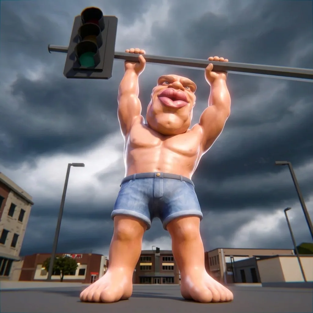 Holding up a traffic light beneath storm clouds